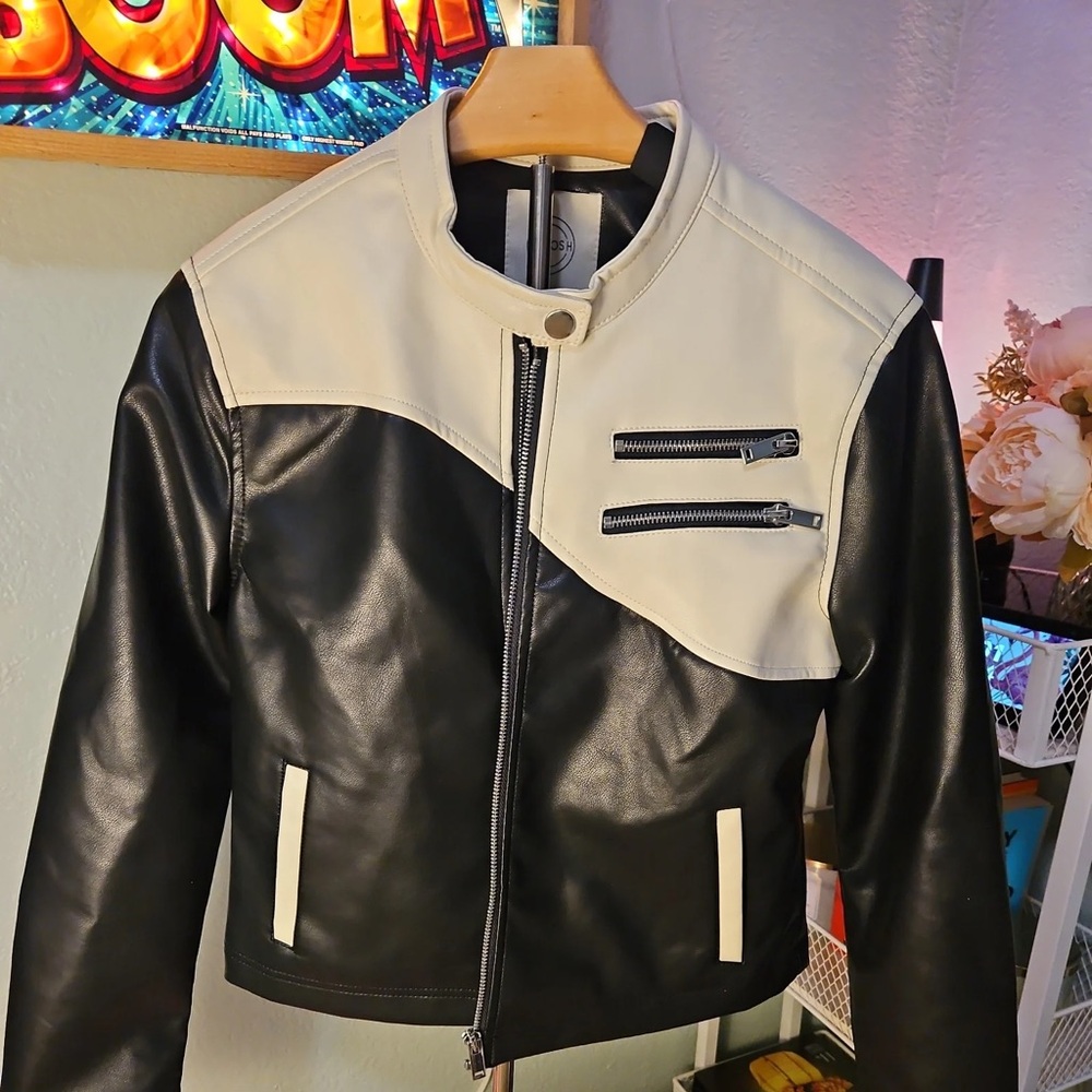 Black and White Women's Leather Jacket